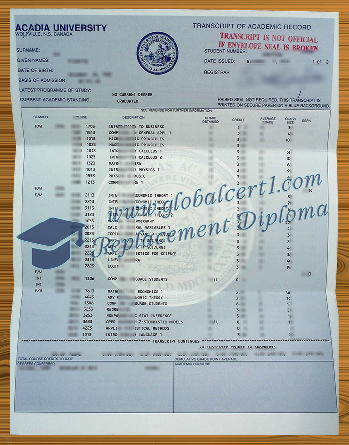 Acadia University transcript
