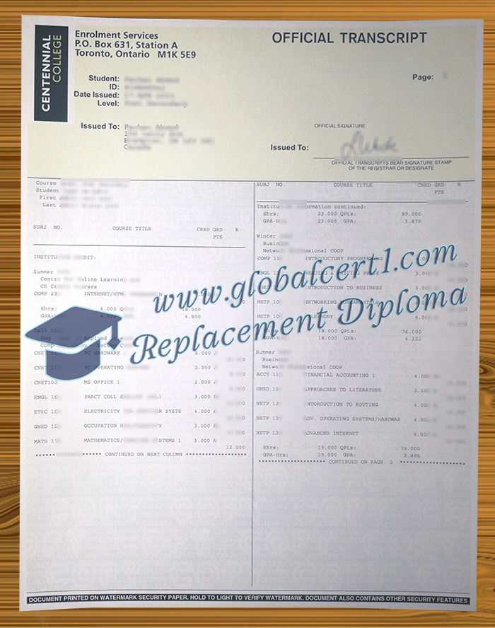 Centennial College transcript