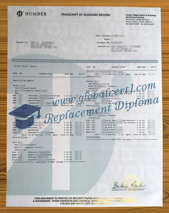 Humber College transcript