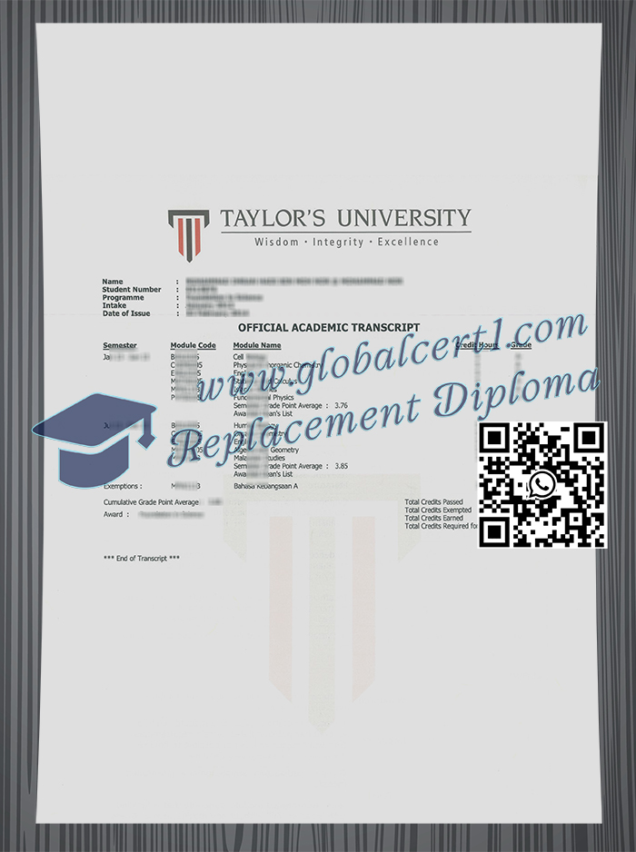 Taylor's University transcript