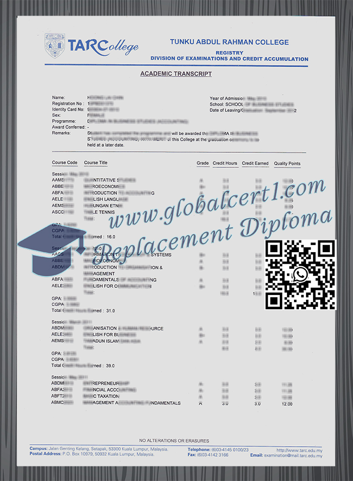 Tunku Abdul Rahman College transcript